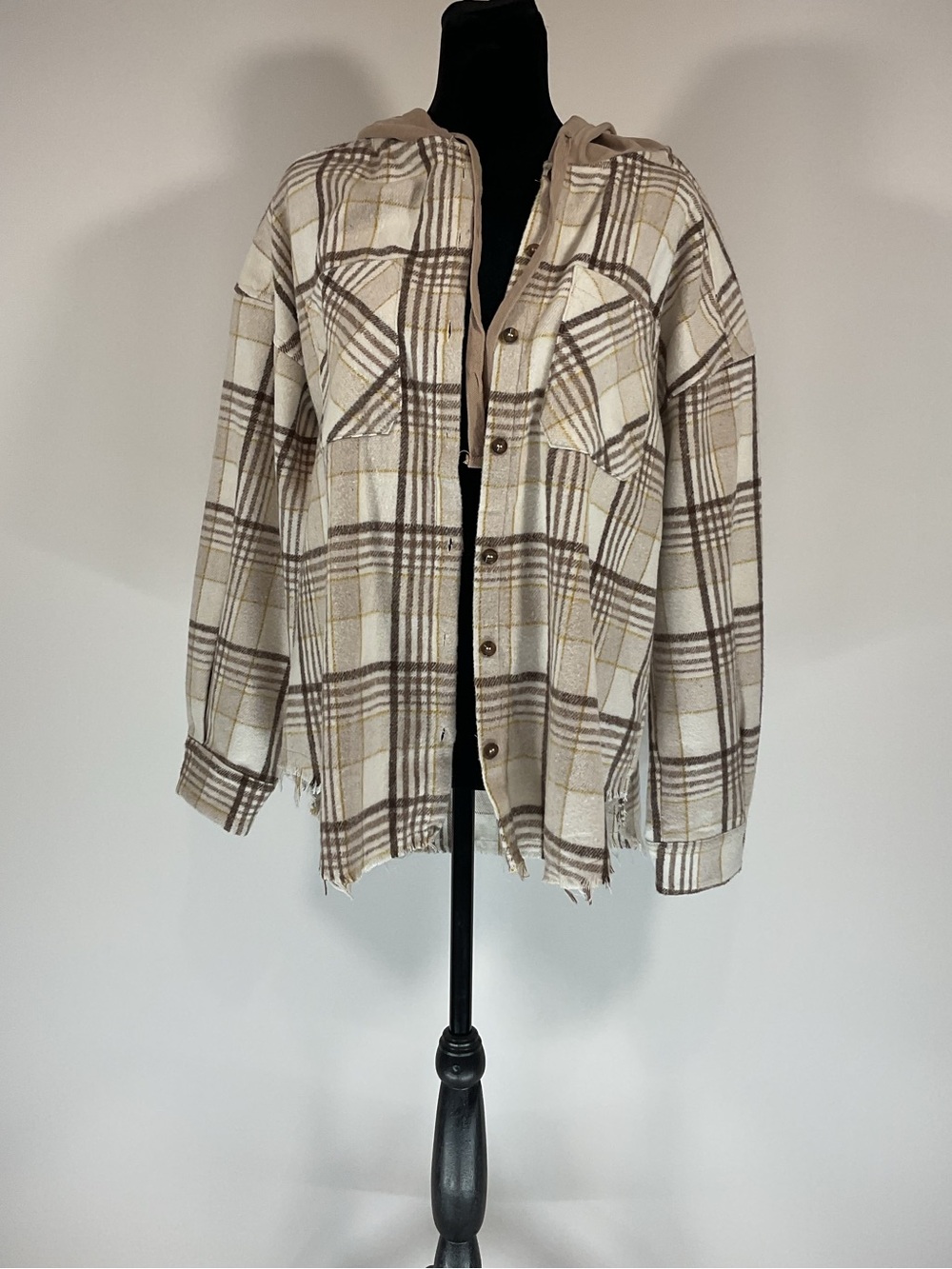 New In Hooded Plaid Shacket Shirt Jacket Cream Brown Size S